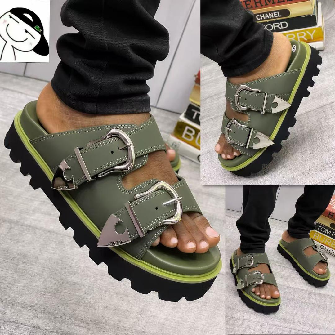 Double-Buckle Sandals – Olive &amp; Neon Lime